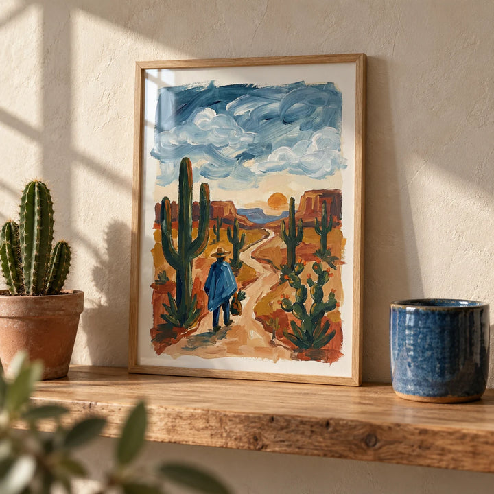 Sunset Cactus Poster Print, a small A4 framed print leaning on an oak shelf in a living room