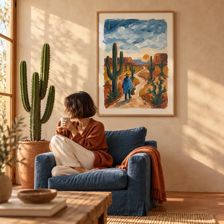Sunset Cactus Poster Print, framed on the wall of a warm desert-modern living room with limewashed plaster walls and a plain terracotta floor