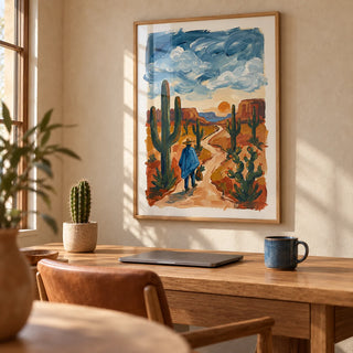 Sunset Cactus Poster Print, framed on the wall of a warm home office with a sand plaster wall