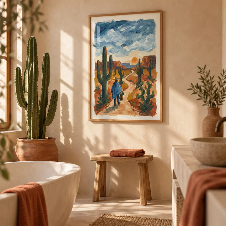 Sunset Cactus Poster Print, framed on the wall of a warm plaster bathroom with smooth sand walls
