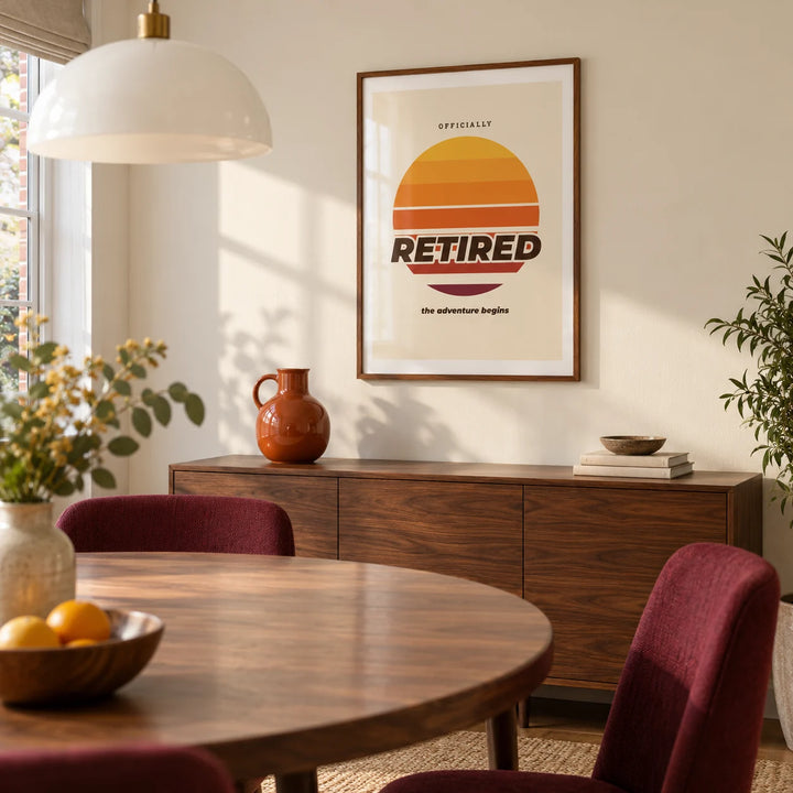 Sunset Poster, framed on the wall of a modern dining room in a UK semi-detached home with a pale cream wall and a round walnut dining table