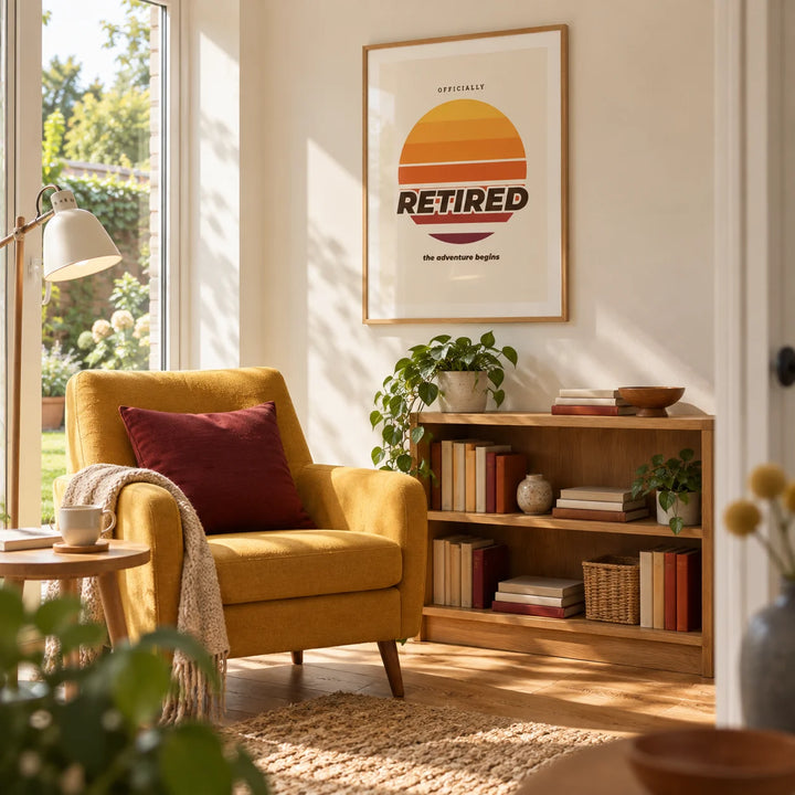 Sunset Poster, framed on the wall of a sunny reading room overlooking a small UK garden with warm white walls and oak floorboards in a living room