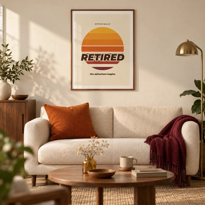 Sunset Poster, framed on the wall of a warm modern living room in a retired couple's UK home with a cream wall and walnut furniture