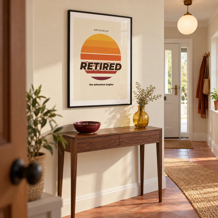 Sunset Poster, framed on the wall of a welcoming hallway in a modern UK bungalow with a warm white wall and a terracotta floor