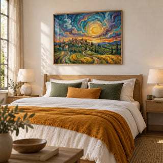 Sunset Scenery Wall Art, framed on the wall of a calm bedroom with a soft white wall