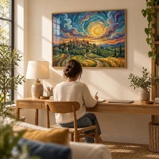 Sunset Scenery Wall Art, framed on the wall of a calm home office with a warm cream wall