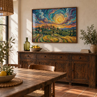 Sunset Scenery Wall Art, framed on the wall of a rustic dining room with a warm white plaster wall and a terracotta floor in plain tiles