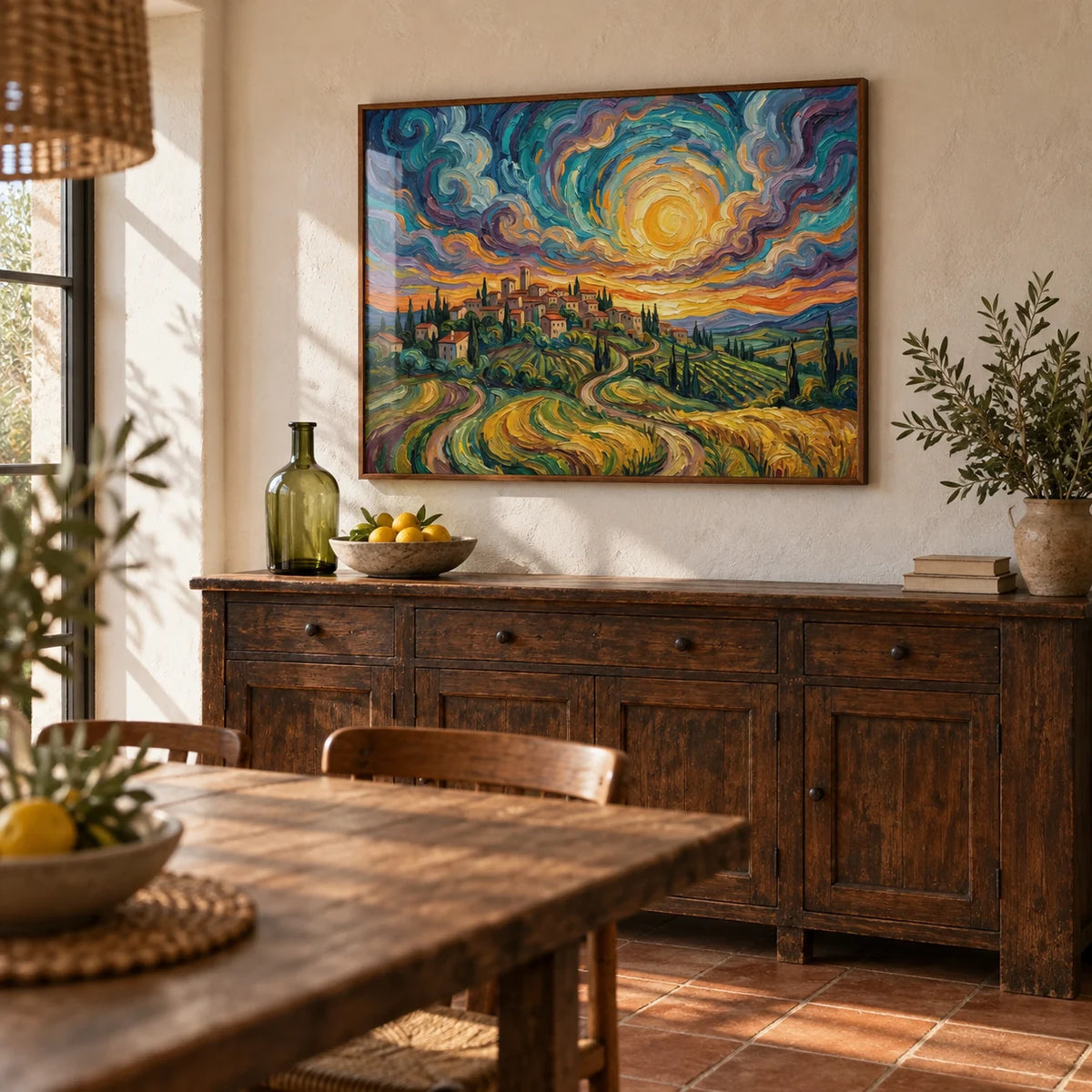 Sunset Scenery Wall Art, framed on the wall of a rustic dining room with a warm white plaster wall and a terracotta floor in plain tiles