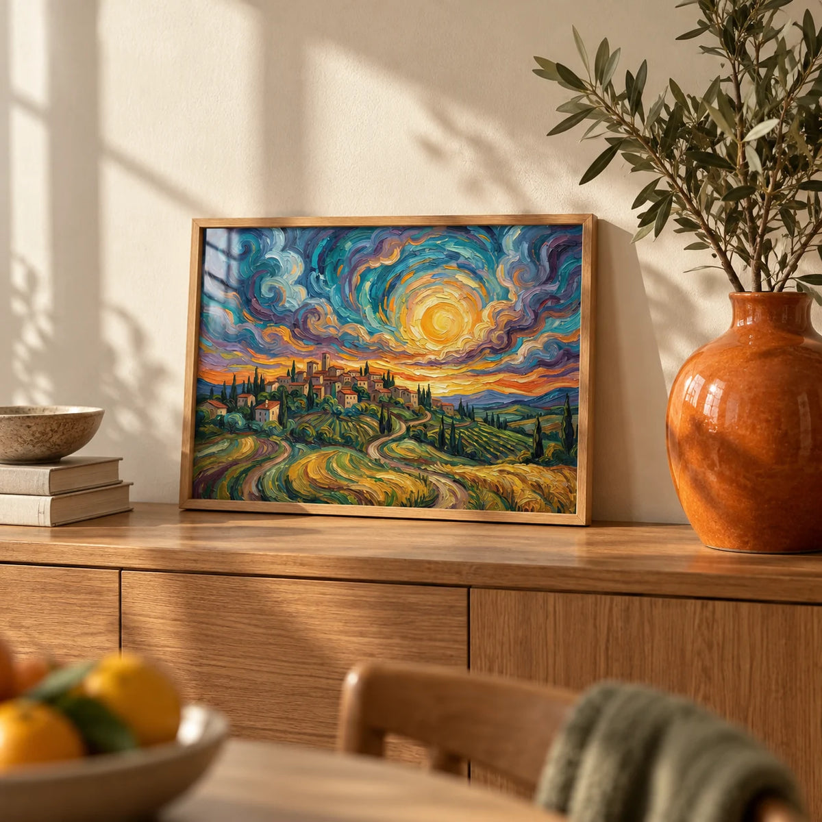 Sunset Scenery Wall Art, a small A4 framed print leaning on an oak sideboard in a living room