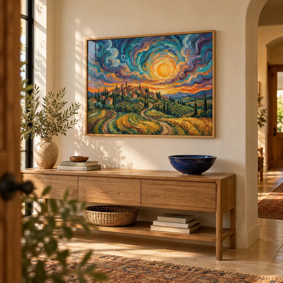 Sunset Scenery Wall Art, framed on the wall of a warm hallway with a cream wall
