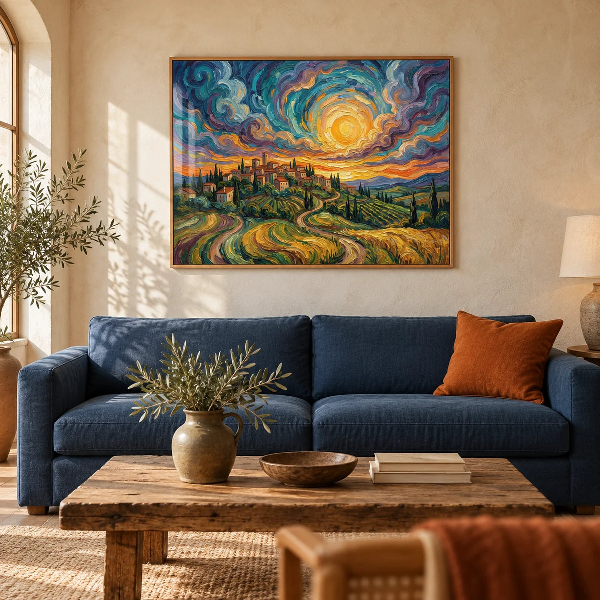 Sunset Scenery Wall Art, framed on the wall of a warm Tuscan-style living room with a cream limewashed wall