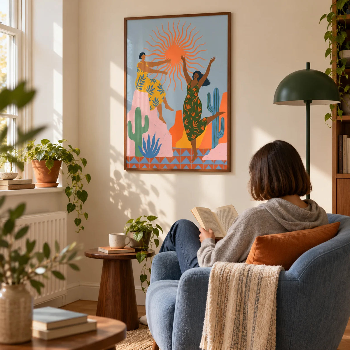 Sunset Women Art Print, framed on the wall of a sunny reading corner in a design-conscious UK flat with a warm ivory wall in a living room