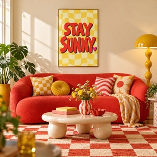 Sunshine Print, framed on the wall of a colourful dopamine living room