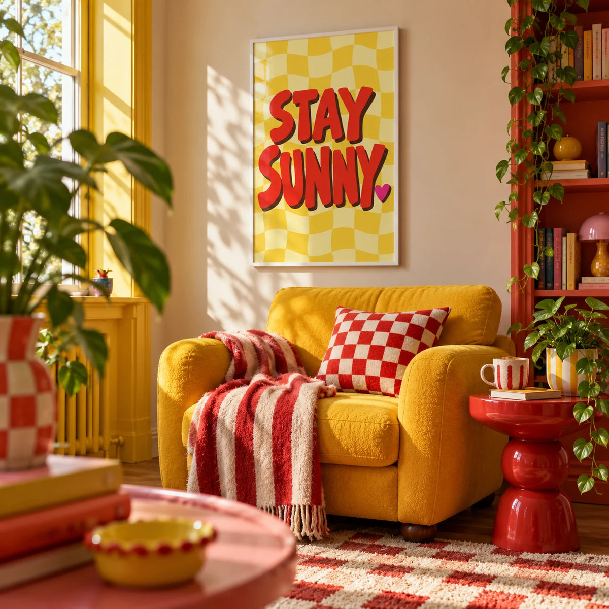 Sunshine Print, framed on the wall of a maximalist reading corner in a living room
