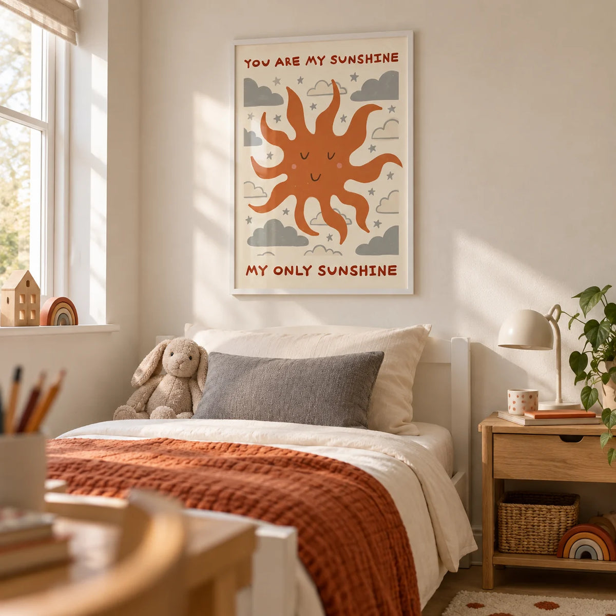 Sunshine Quote Wall Art, framed on the wall of a cheerful young child’s single bedroom in a UK family home with warm white walls