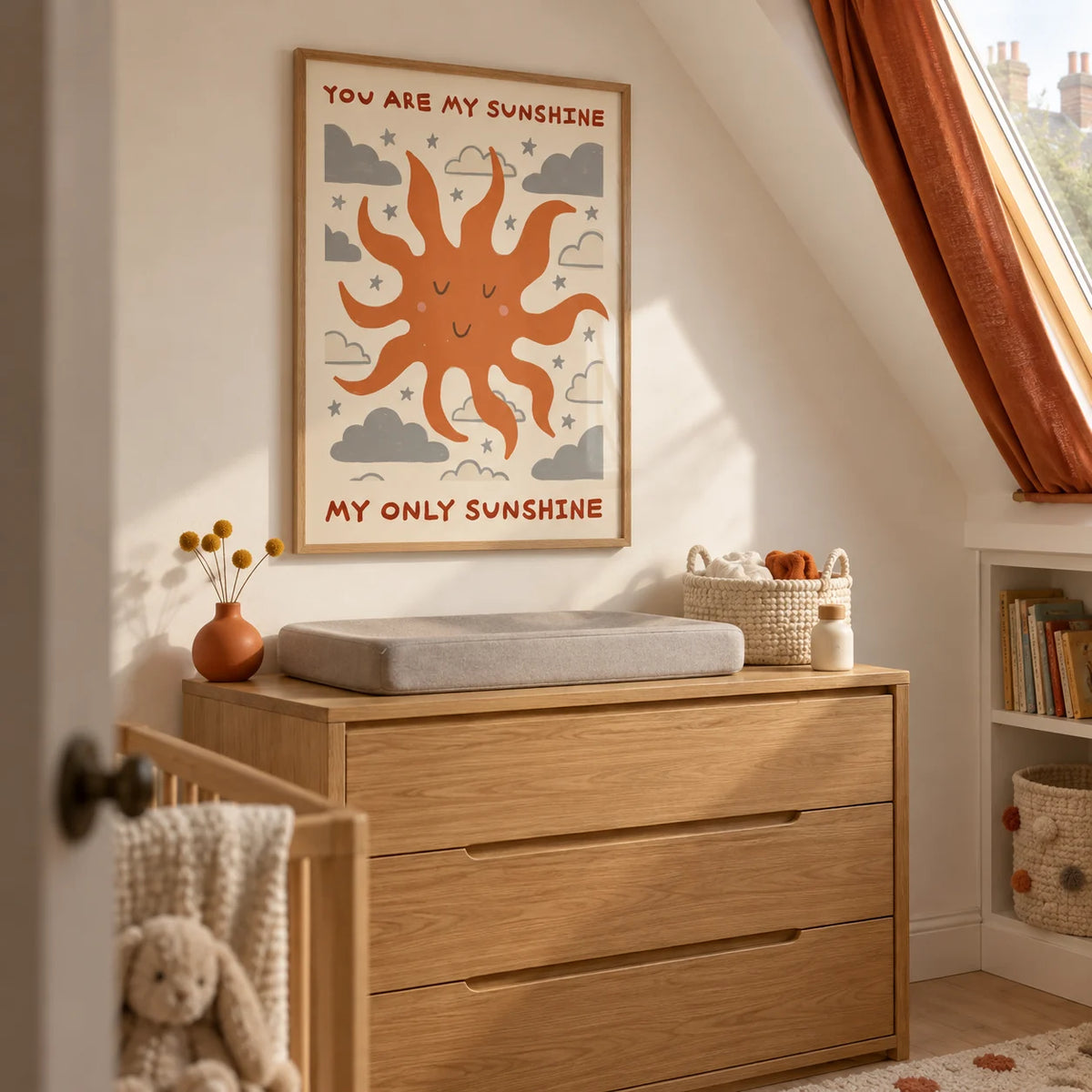 Sunshine Quote Wall Art, framed on the wall of a compact attic nursery in a UK Victorian terrace with a sloping ceiling