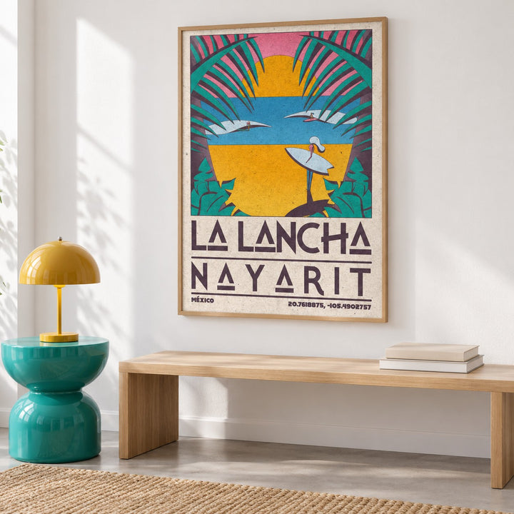 Surfer Beach Art Print shown in a colourful minimalist room (frame not included)
