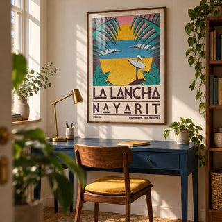 Surfer Beach Art Print, framed on the wall of a compact home study in a UK flat with warm white walls and a blue painted desk