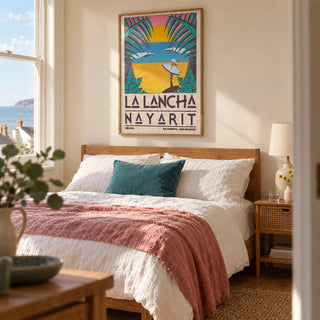 Surfer Beach Art Print, framed on the wall of a relaxed bedroom in a British seaside terrace with warm cream walls and an oak floor