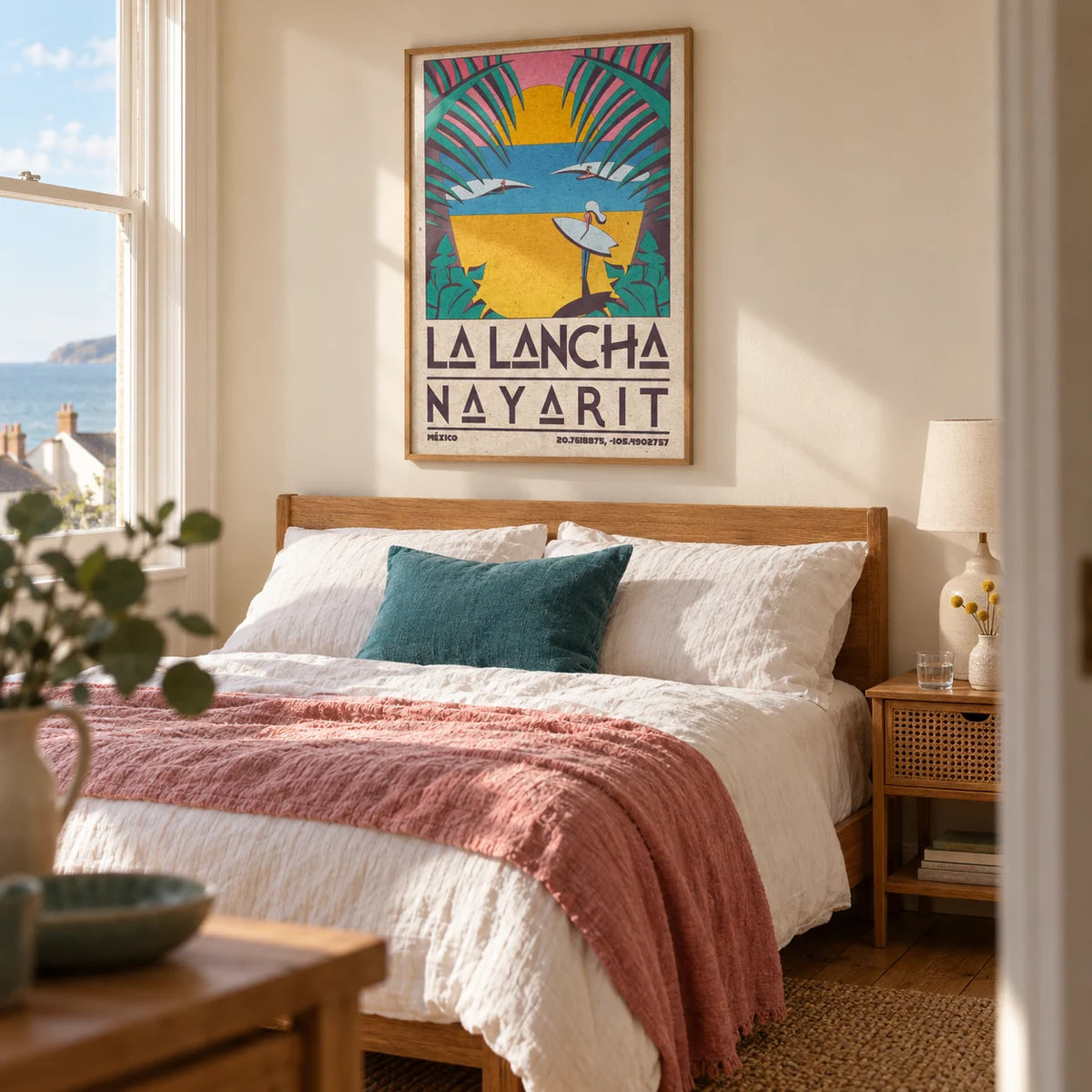 Surfer Beach Art Print, framed on the wall of a relaxed bedroom in a British seaside terrace with warm cream walls and an oak floor