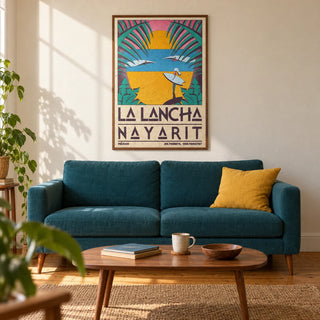 Surfer Beach Art Print, framed on the wall of a warm retro coastal living room in a UK first flat (22-28)