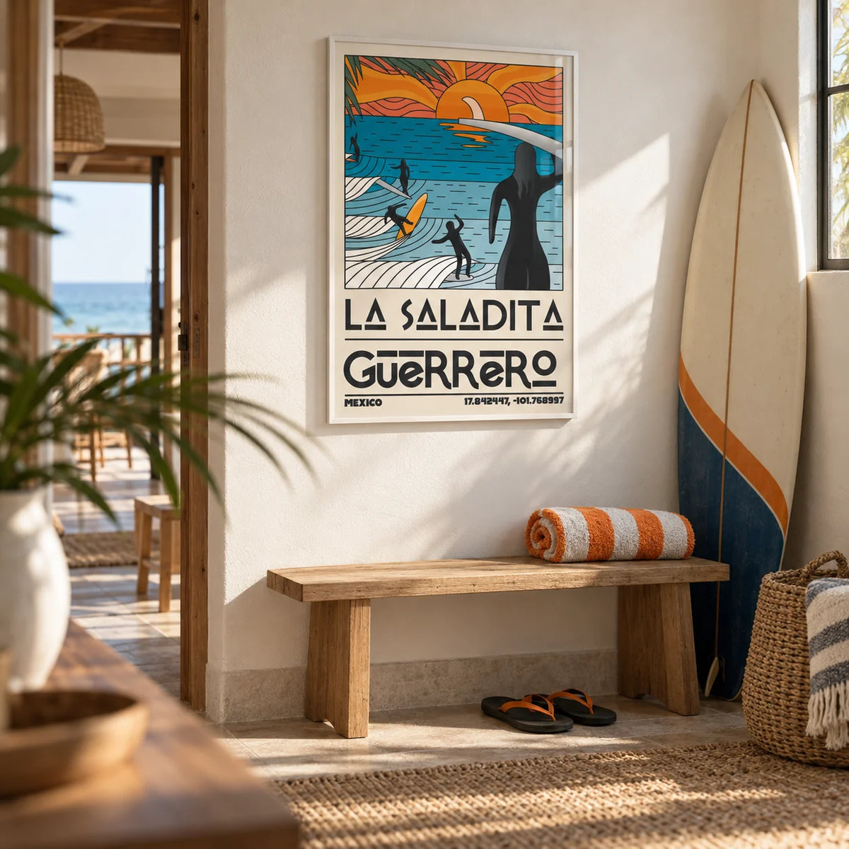 Surfing Sunset Print, framed on the wall of a beach house hallway