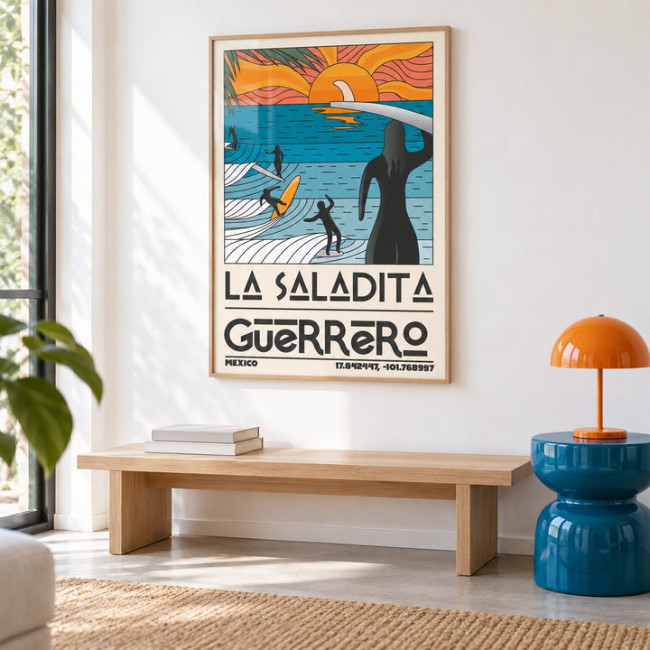Surfing Sunset Print shown in a colourful minimalist room (frame not included)