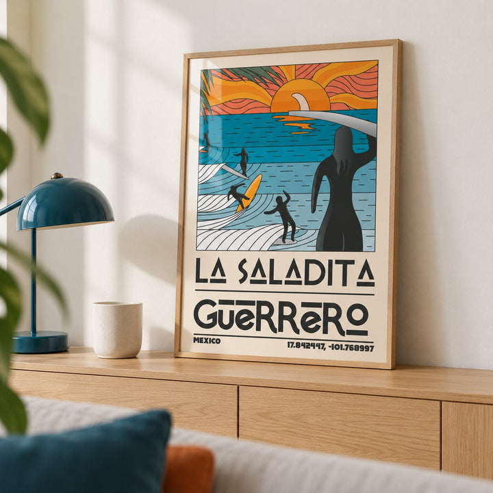 Surfing Sunset Print shown in a living room, leaning on an oak console (frame not included)
