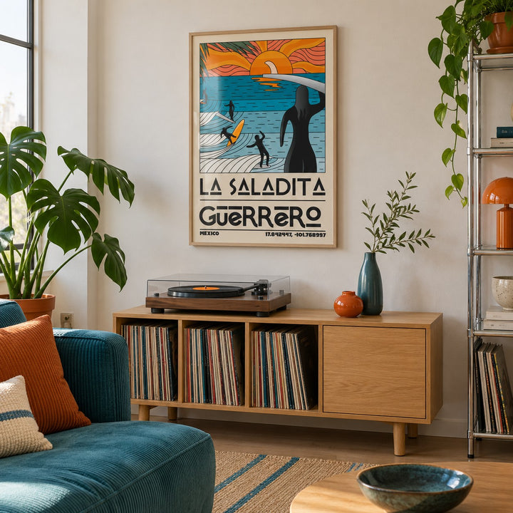 Surfing Sunset Print shown in a creative city apartment (frame not included)