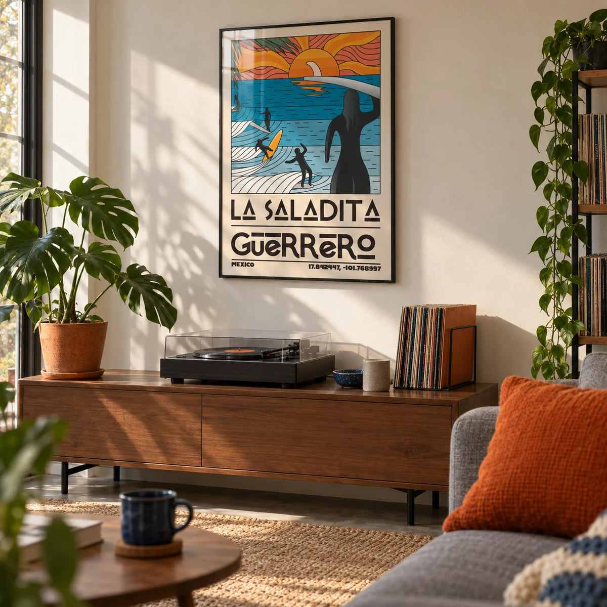 Surfing Sunset Print, framed on the wall of a first-flat living room (age 22-28)