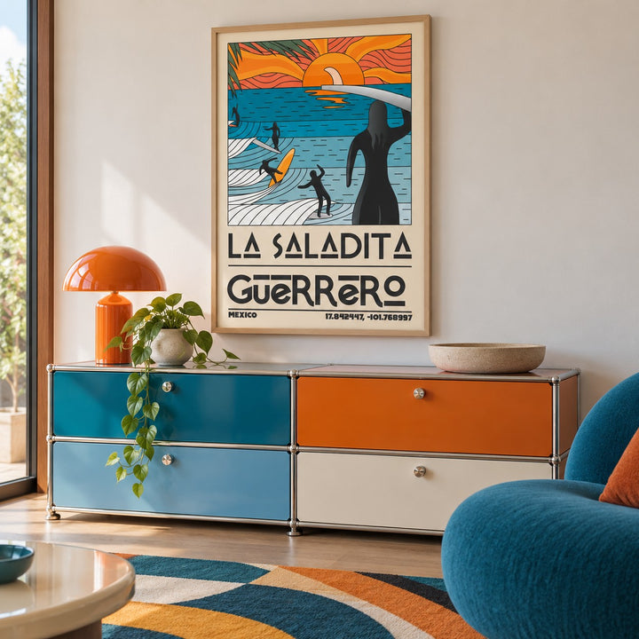 Surfing Sunset Print shown in a playful retro modern room (frame not included)