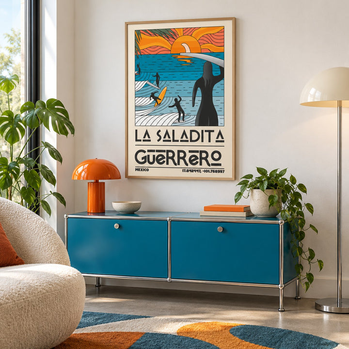 Surfing Sunset Print shown in a calm reading corner (frame not included)