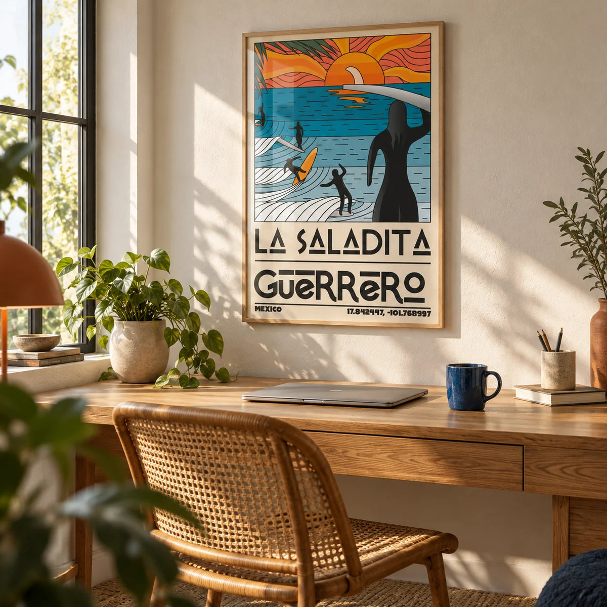 Surfing Sunset Print, framed on the wall of a relaxed home office
