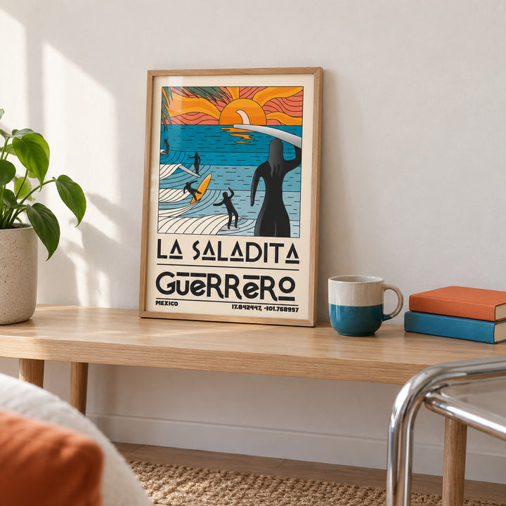 Surfing Sunset Print shown in the small A4 size on a side table (frame not included)