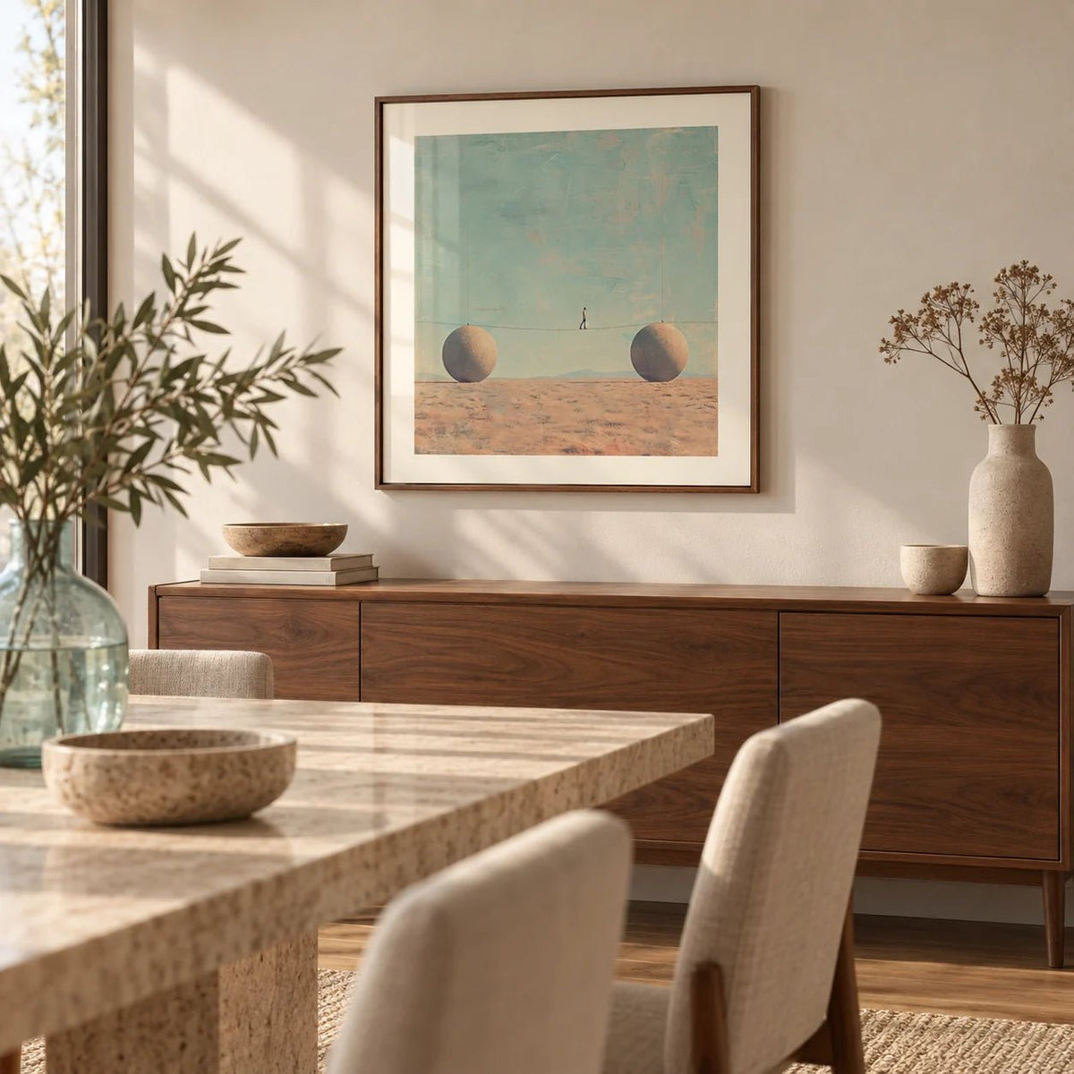 Surreal Art for Sale, framed on the wall of a calm dining room