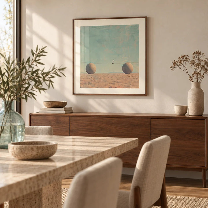 Surreal Art for Sale, framed on the wall of a calm dining room