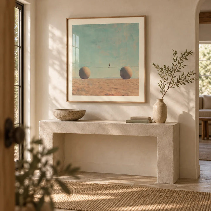 Surreal Art for Sale, framed on the wall of a calm entryway