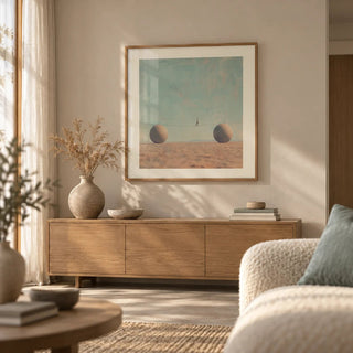 Surreal Art for Sale, framed on the wall of a calm Japandi living room