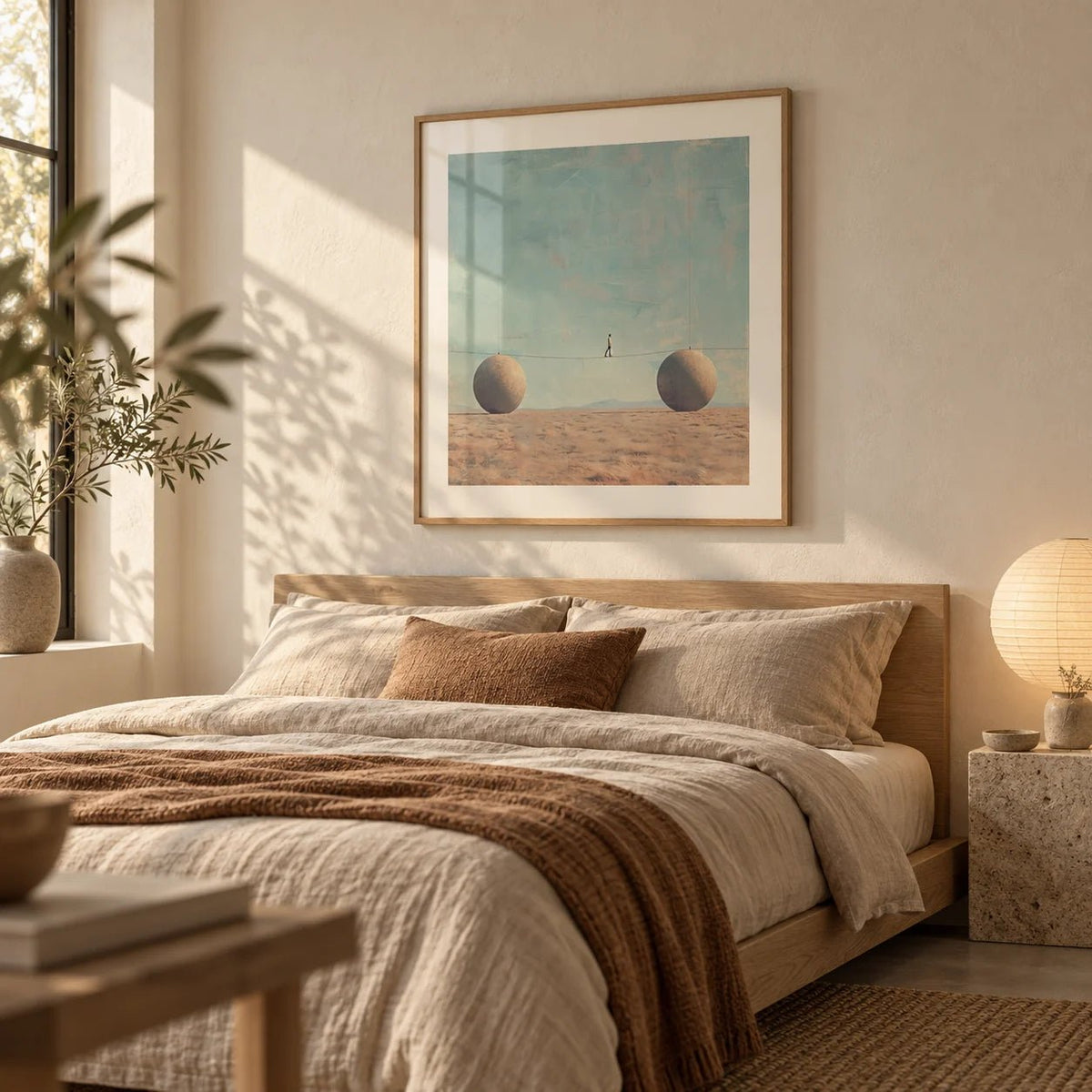 Surreal Art for Sale, framed on the wall of a calm neutral bedroom