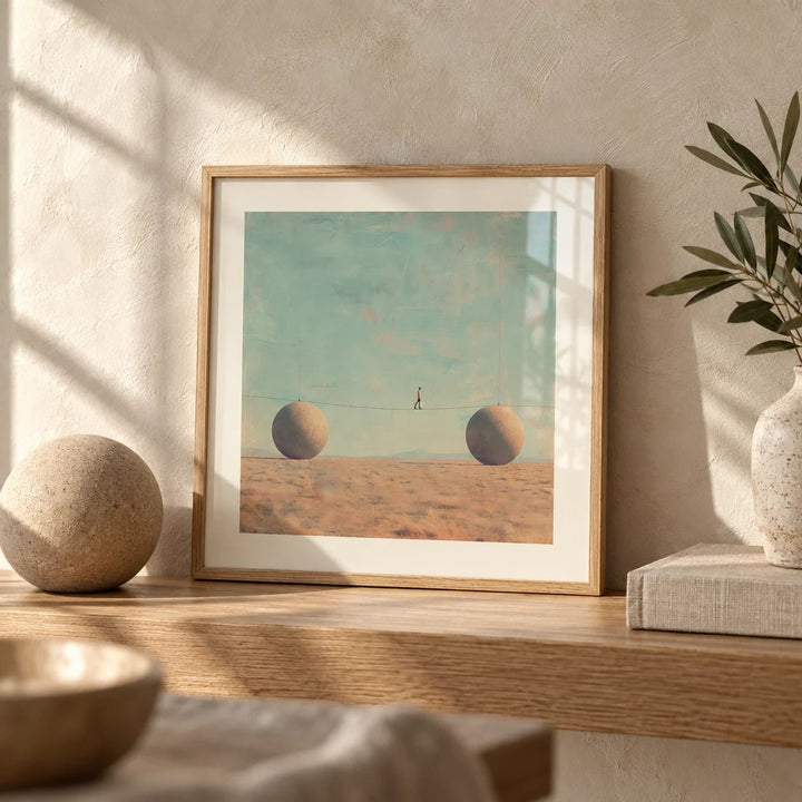 Surreal Art for Sale, a small A4 framed print leaning on an oak shelf in a living room