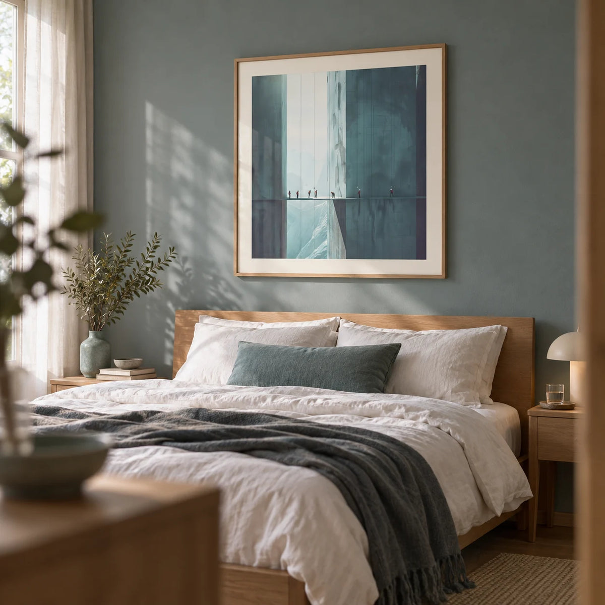 Surreal Art Prints, framed on the wall of a calm bedroom with a soft grey-teal wall