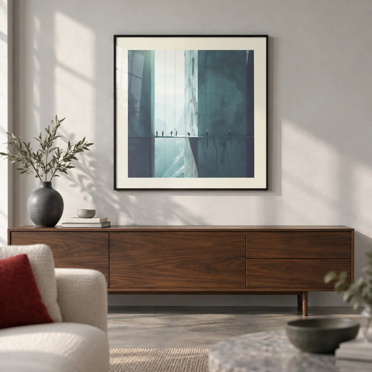 Surreal Art Prints, framed on the wall of a calm modern living room with a pale grey wall and a polished concrete floor