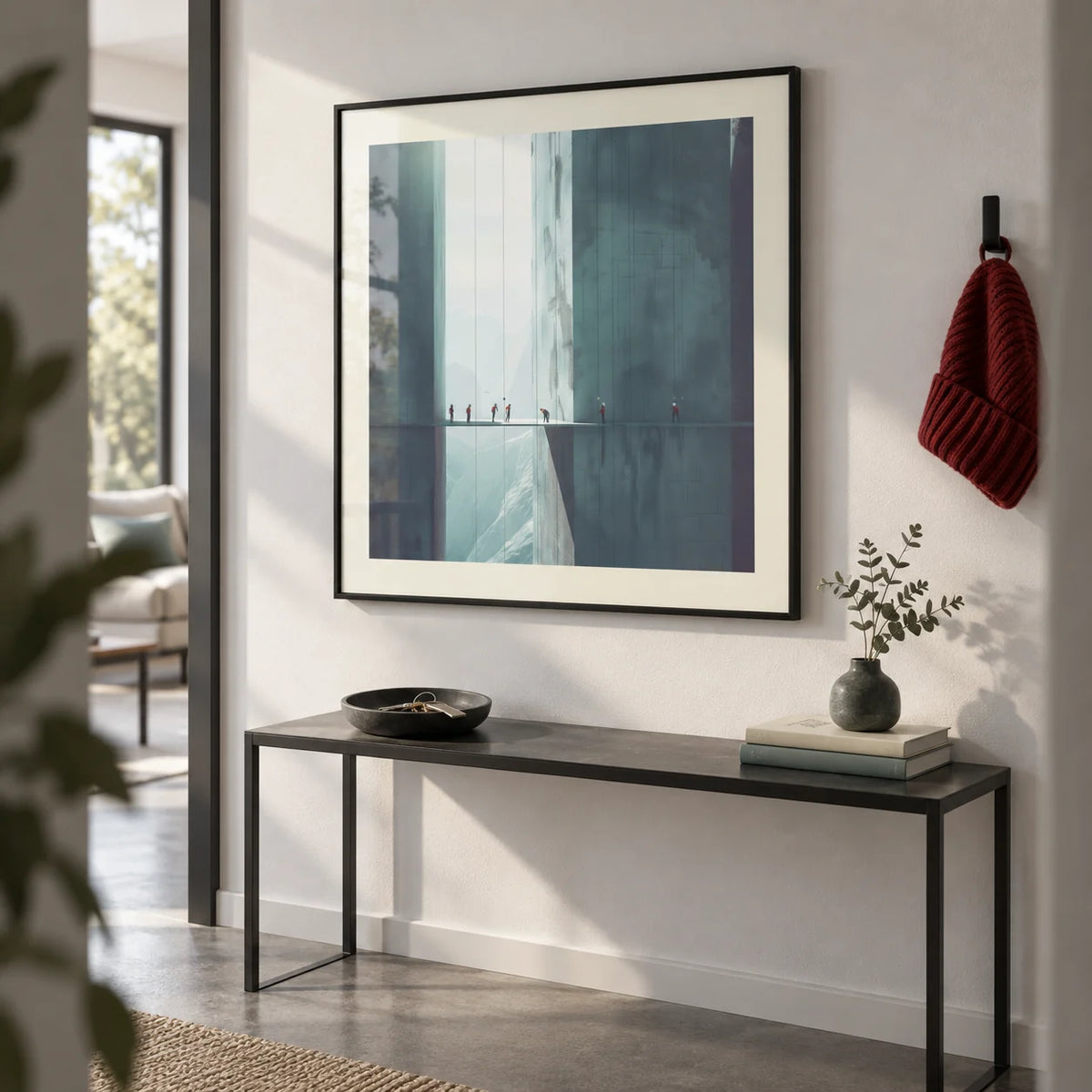 Surreal Art Prints, framed on the wall of a hallway in a modern flat with a white wall and a grey floor