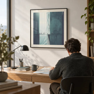 Surreal Art Prints, framed on the wall of a minimal home office with a white wall