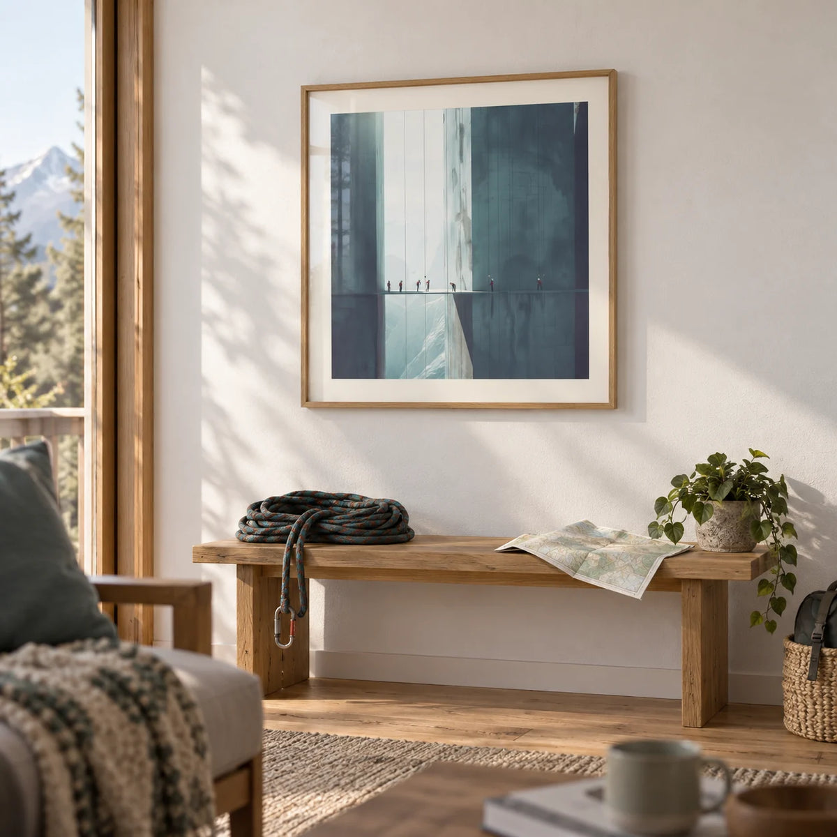 Surreal Art Prints, framed on the wall of an outdoorsy home den with a plain white wall and an oak floor