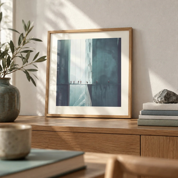 Surreal Art Prints, a small A4 framed print leaning on an oak shelf in a living room