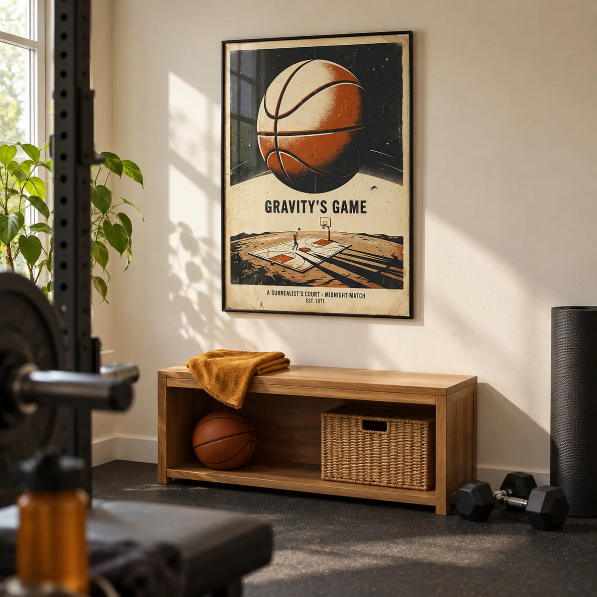 Surreal Basketball Art Print, framed on the wall of a compact home gym in a converted UK spare room with a cream wall and plain dark rubber flooring