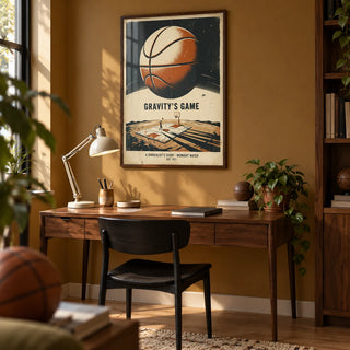Surreal Basketball Art Print, framed on the wall of a retro-inspired home study for a basketball fan (25-35) with a muted ochre wall and simple oak floorboards