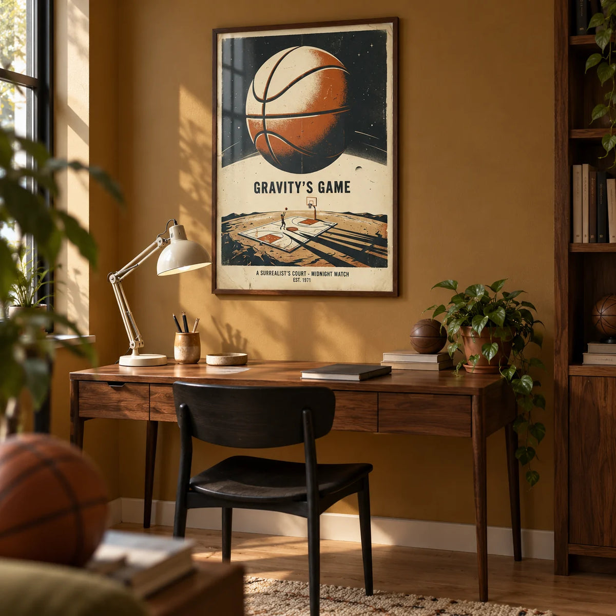 Surreal Basketball Art Print, framed on the wall of a retro-inspired home study for a basketball fan (25-35) with a muted ochre wall and simple oak floorboards
