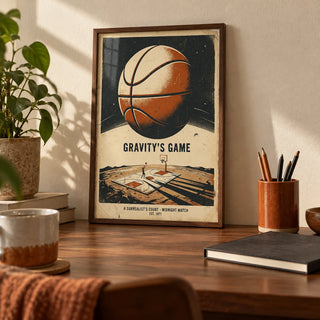 Surreal Basketball Art Print, a small A4 framed print leaning on a walnut desk